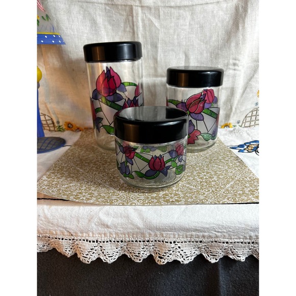 Set of 3 Cerve Italy 'Tulip' Graduating Canisters~Stained Glass~Rubber seals - Picture 1 of 6